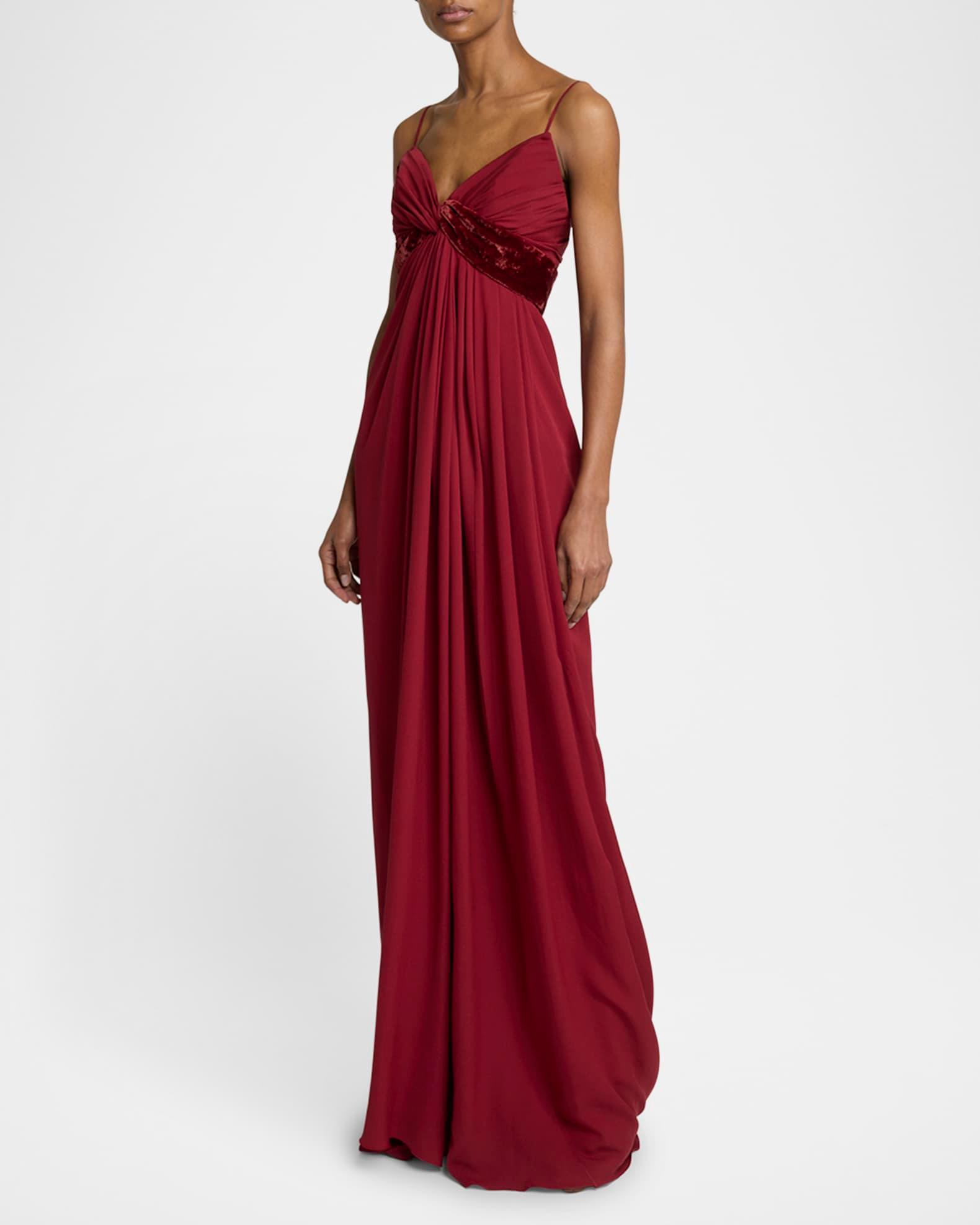 V-Neck Twisted Silk And Velvet Gown Product Image