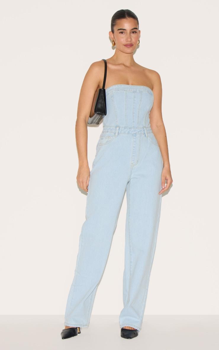 Light Blue Wash Bandeau Denim Jumpsuit Product Image