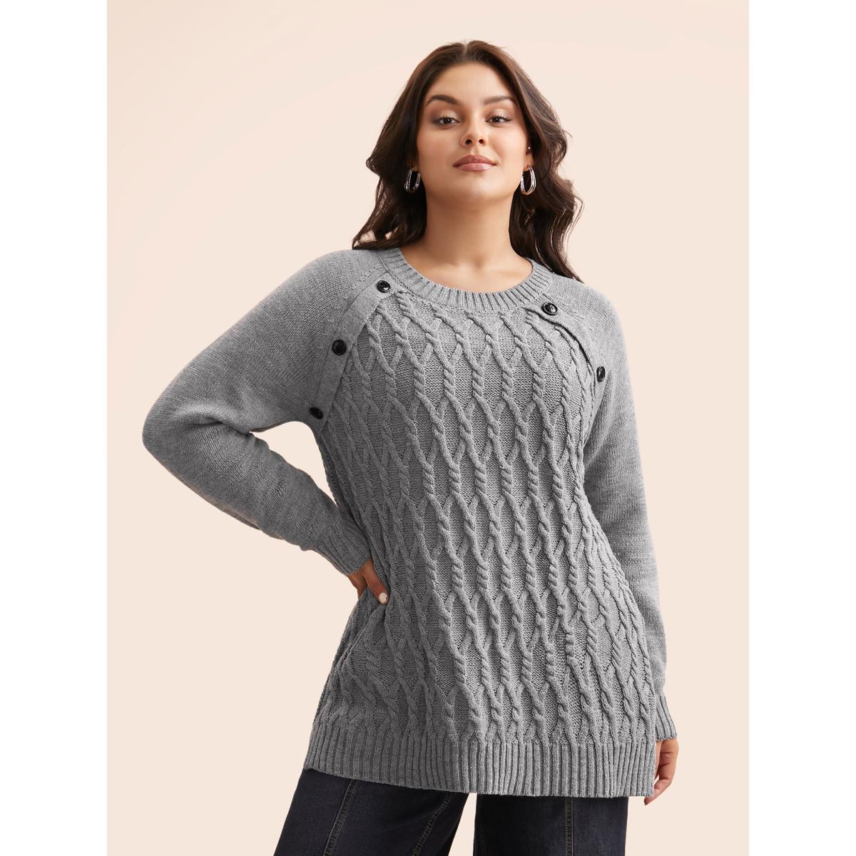 Plus Size Texture Cable Knit Button Detail Pullover Mediumgray Women Casual Loose Long Sleeve Round Neck Everyday Pullovers BloomChic 18-20/2X Product Image