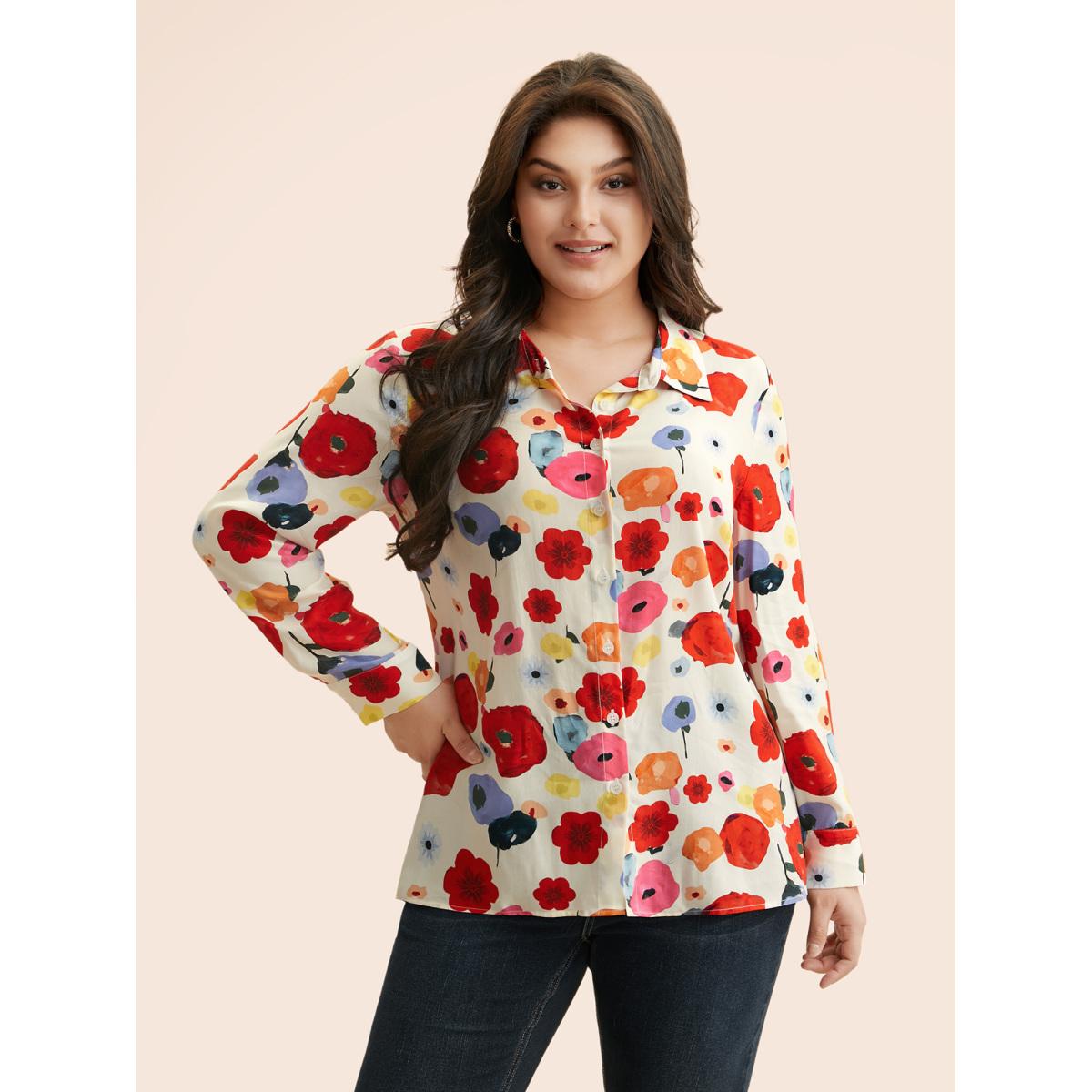 Plus Size Multicolor Contrast Floral Shirt Collar Blouse Women Elegant Long Sleeve Shirt collar Everyday Blouses BloomChic 18-20/2X Product Image
