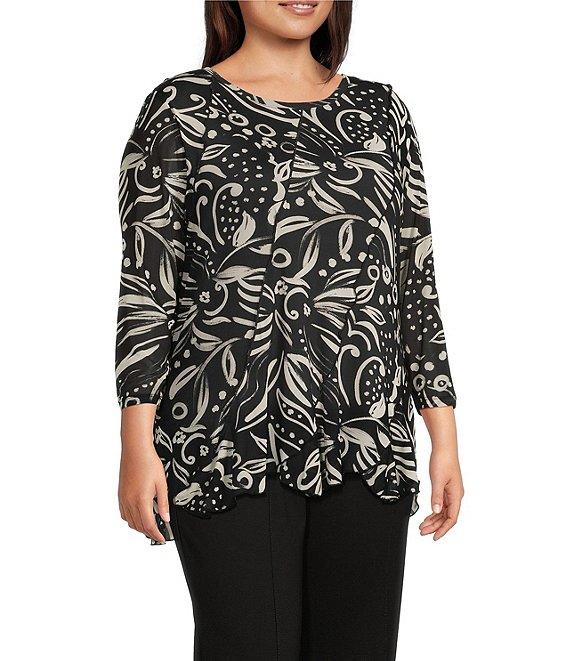 Slim Factor by Investments Plus Size Kiki Paisley Print Crew Neck Long Sleeve Ruffled Hem Lined Top Product Image