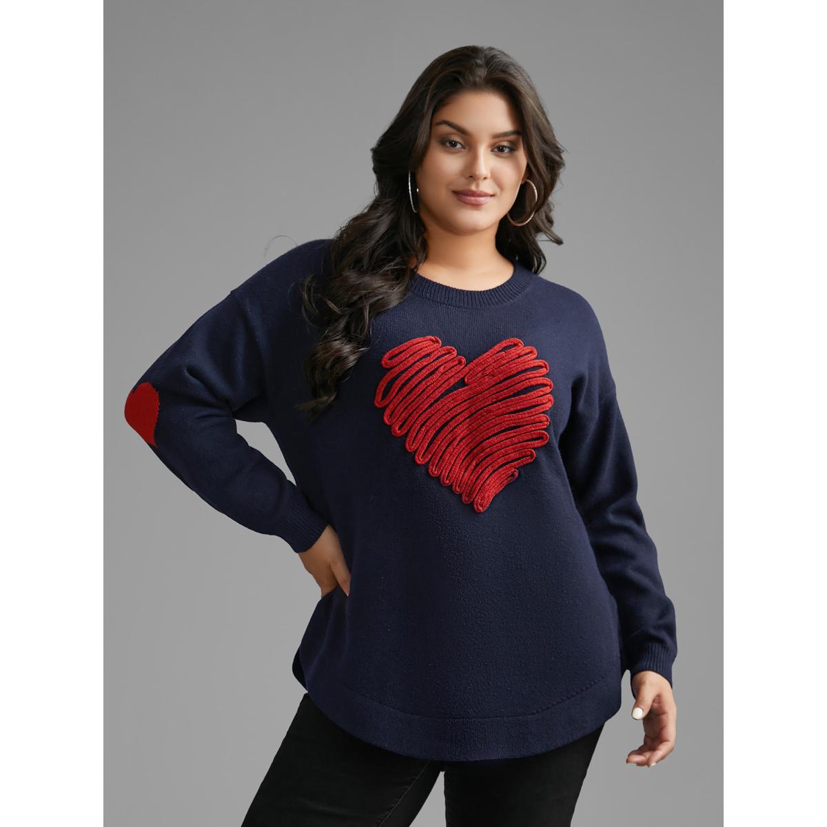 Plus Size Supersoft Heart Pattern Cardigan Indigo Women Casual Loose Long Sleeve Round Neck Everyday Pullovers BloomChic 26/4X Product Image
