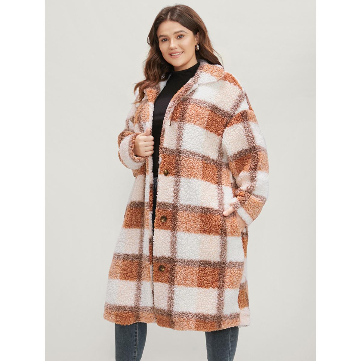 Plus Size Plaid Pocket Button Up Teddy Coat Women Multicolor Casual Button Loose Ladies Dailywear Winter Coats BloomChic 30/6X Product Image