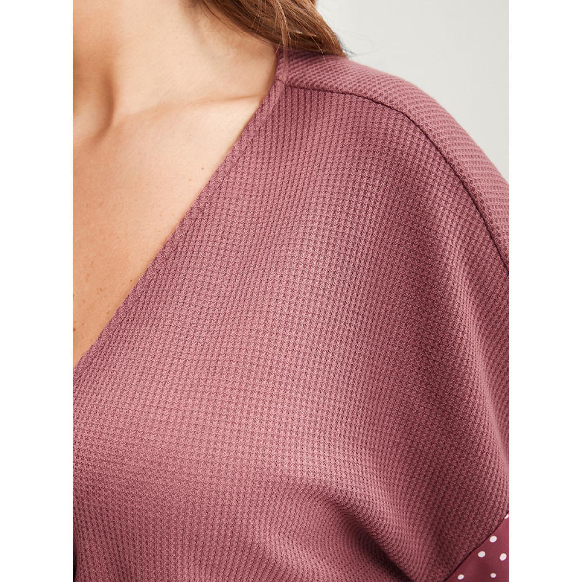 Plus Size Polka Dot Patchwork Wrap Waffle Knit Sweatshirt Women DustyPink Elegant Patchwork V-neck Dailywear Sweatshirts BloomChic 18-20/2X Product Image