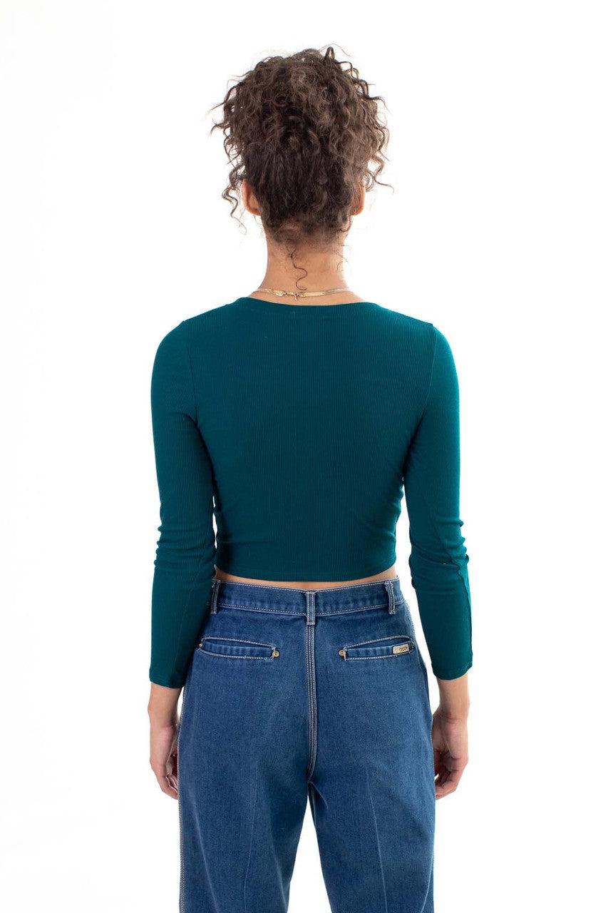 Green Long Sleeve Ribbed V Neck Product Image