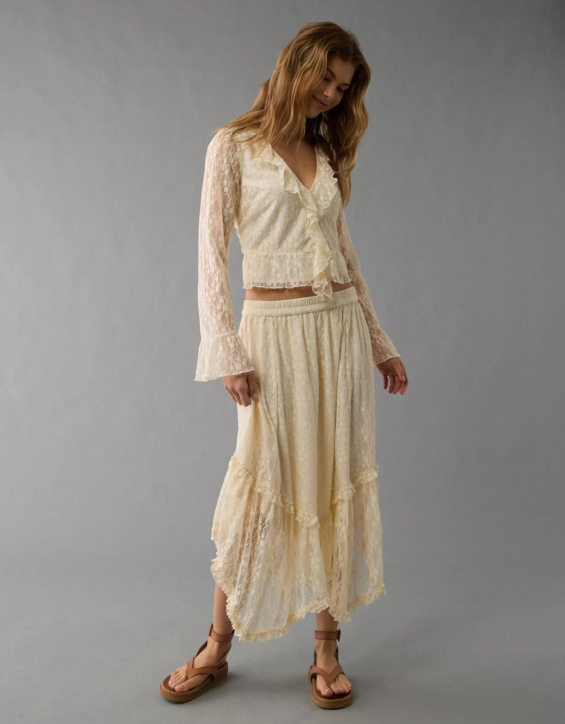 AE Lace Bell Sleeve Ruffle Blouse Product Image