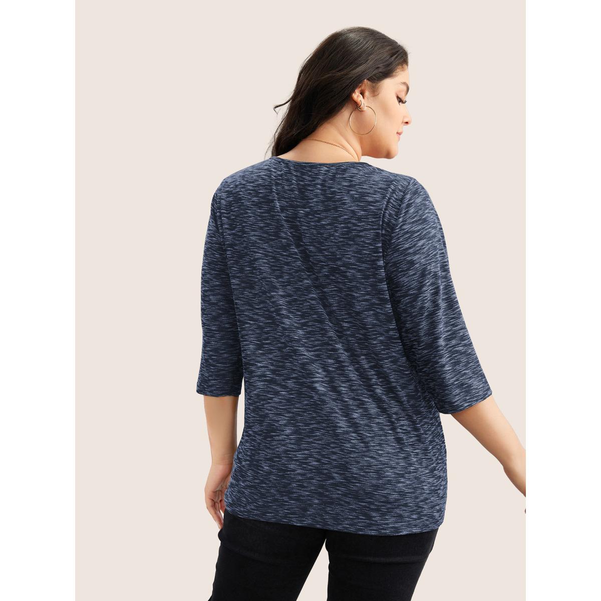 Plus Size Heather Pleated Button Detail T-shirt Blue Women Casual Pleated Plain V-neck Everyday T-shirts BloomChic 18-20/2X Product Image