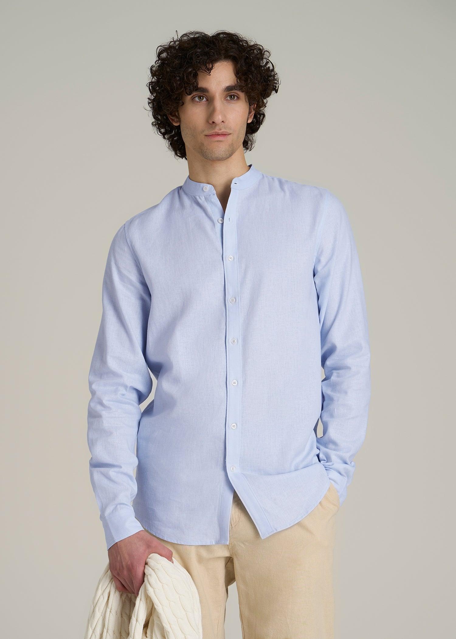 Band Collar Linen Button Shirt for Tall Men in Airy Blue Male Product Image