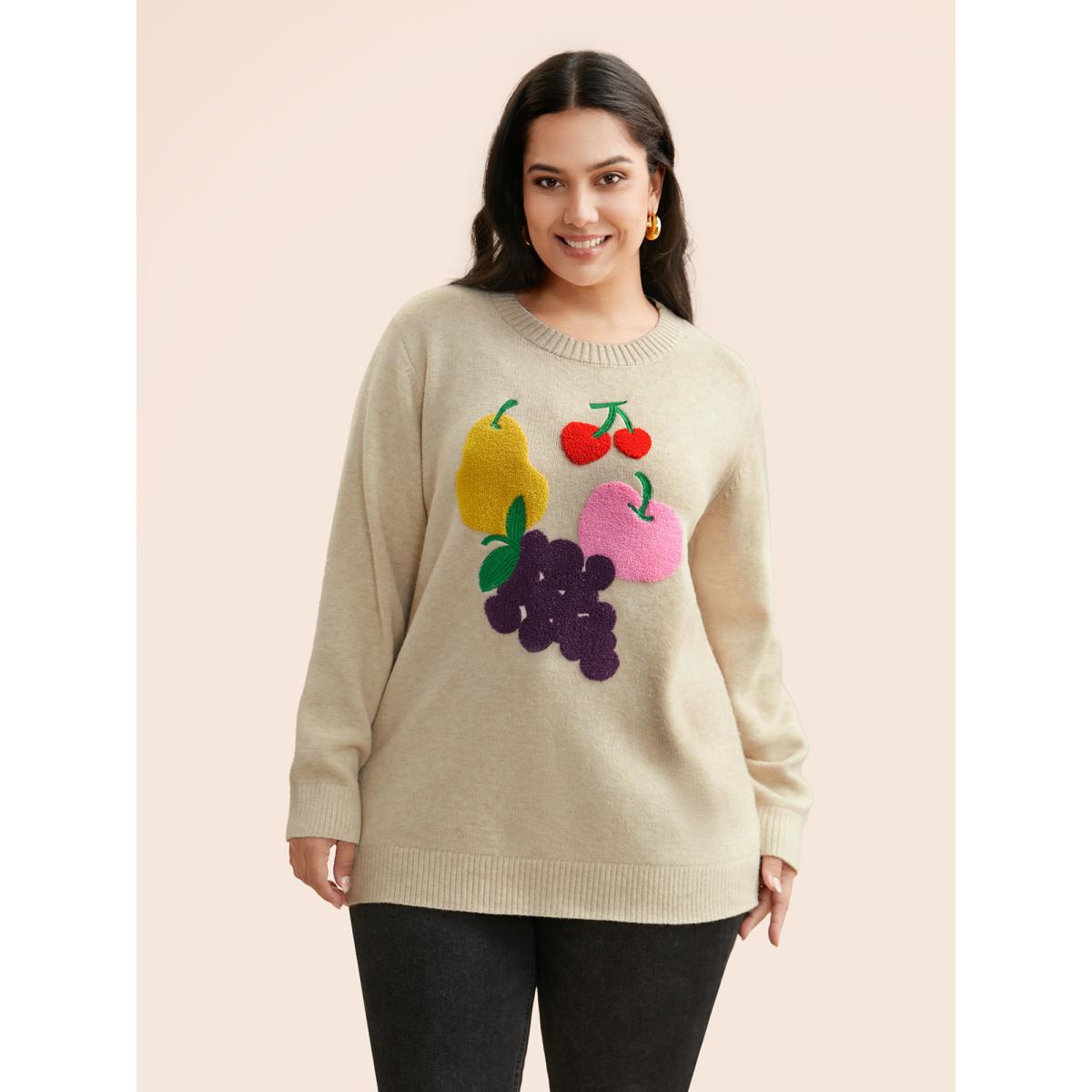 Plus Size Supersoft Essentials Crew Neck Fruit Embroidered Pullover Apricot Women Playful Long Sleeve Round Neck Casual Pullovers BloomChic 12/L Product Image