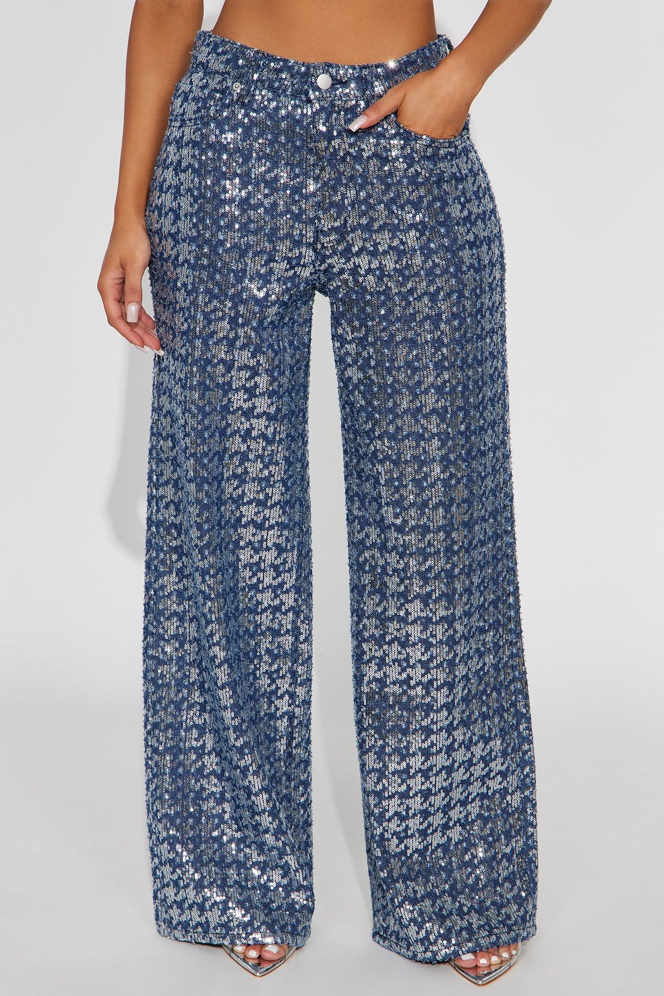 Sparkle And Shine Sequin Wide Leg Jeans - Blue Product Image