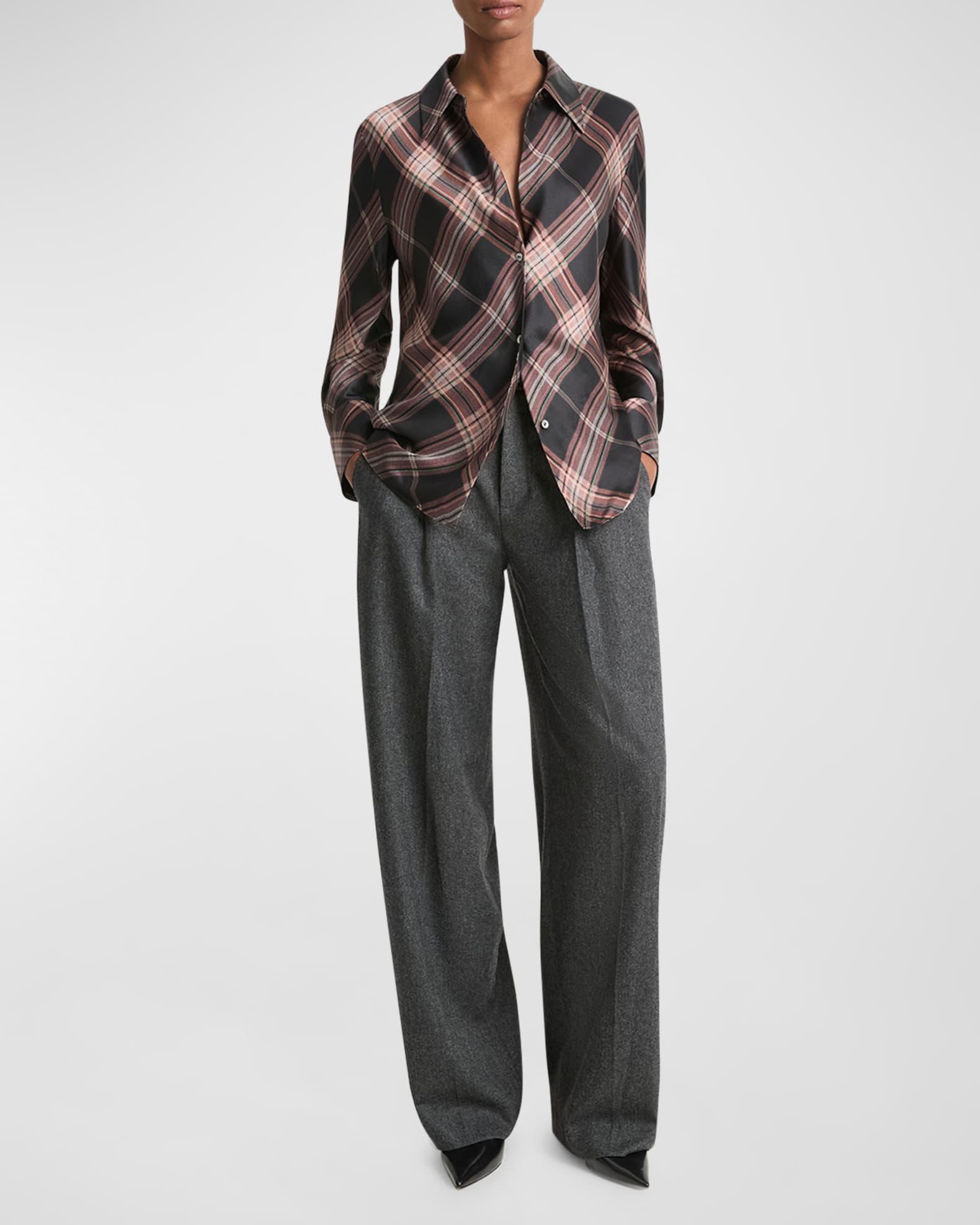Long-Sleeve Plaid Silk Blouse Product Image