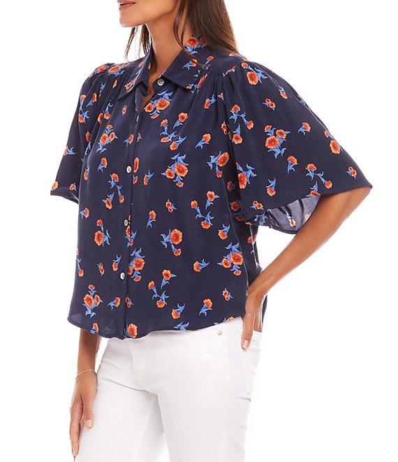 Karen Kane Carnation Print Spread Collar Short Puff Sleeve Shirred Top Product Image