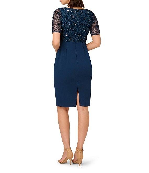 Adrianna Papell Square Neck Illusion Short Sleeve Beaded Crepe Sheath Dress Product Image