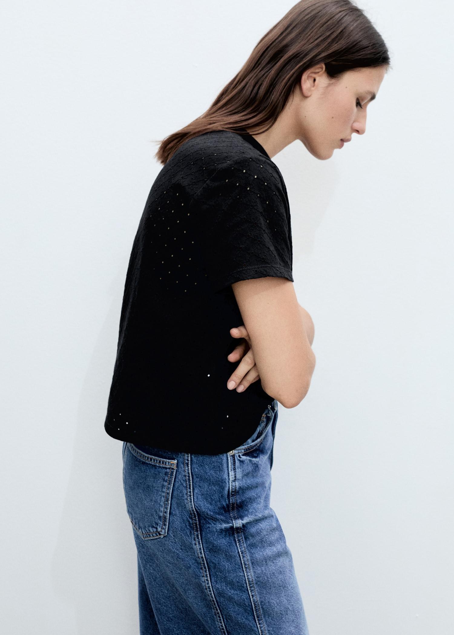 Embroidered openwork t-shirt - Women | MANGO USA Product Image