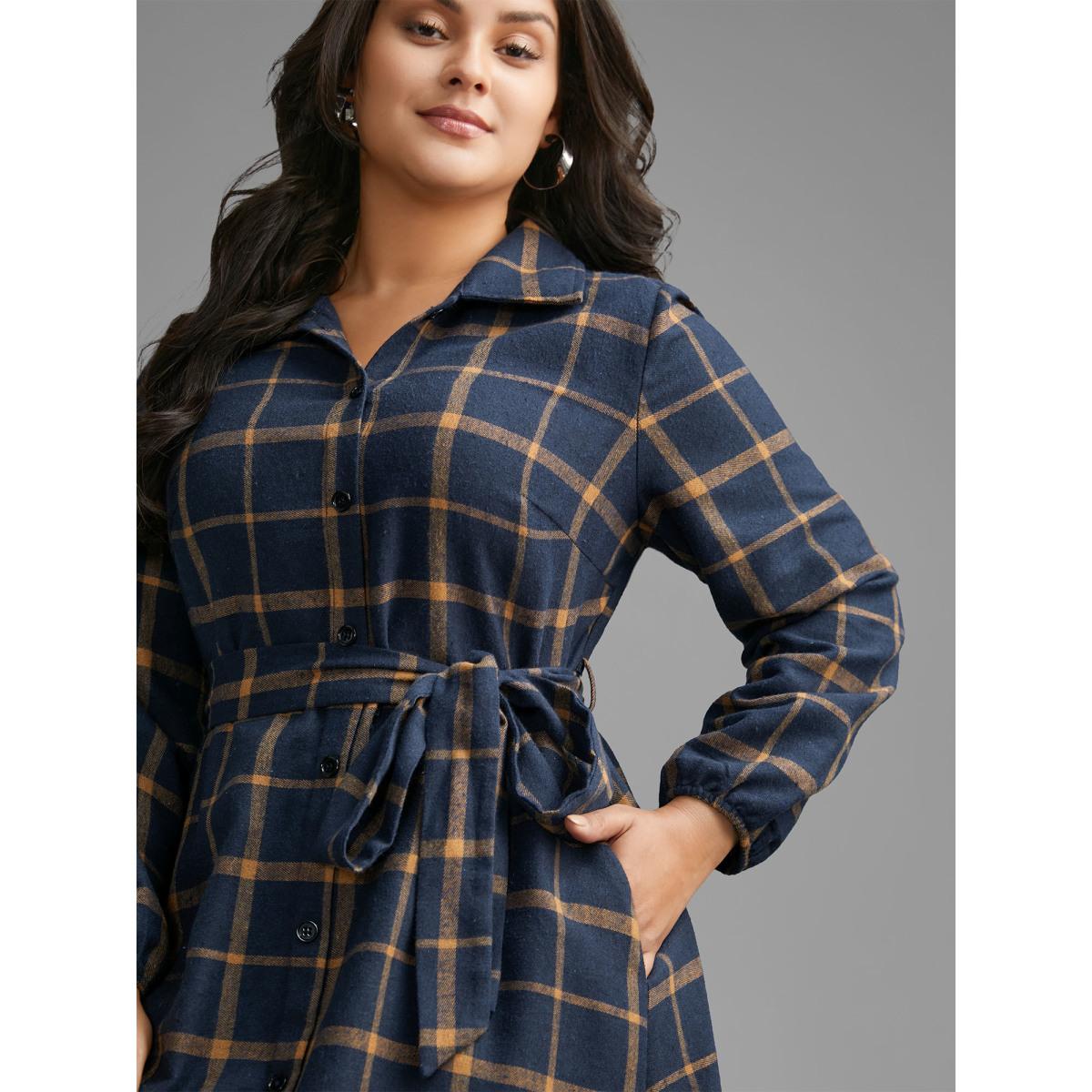 Plus Size Plaid Button Through Belted Dress DarkBlue Women Casual Belted Shirt collar Long Sleeve Curvy BloomChic 14-16/1X Product Image