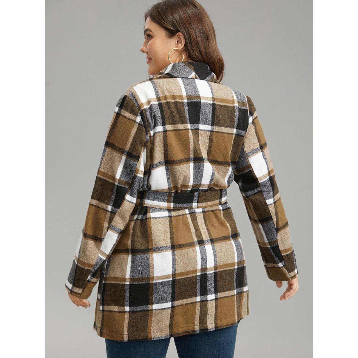 Plus Size Plaid Contrast Belted Lapel Collar Coat Women Tan Casual Belted Ladies Dailywear Winter Coats BloomChic 30/6X Product Image