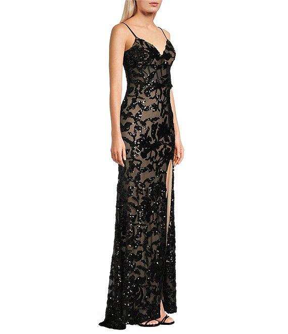 B. Darlin Spaghetti Strap Illusion Bodice Godet Slit Dress Product Image