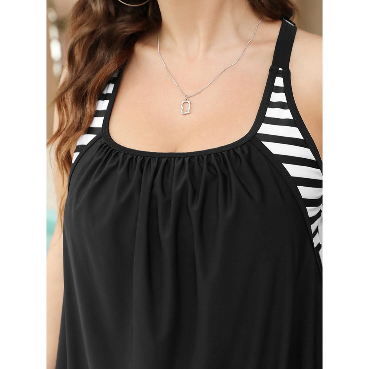 Plus Size Striped Patchwork Gathered Crossover Back Tankini Top Women's Swimwear Black Vacation Adjustable Straps High stretch Round Neck Curve Swim Tops BloomChic 22-24/3X Product Image