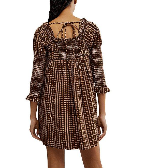 Free People Star Dip Dotted Print Square Neck 3/4 Sleeve Smocked Mini Dress Product Image