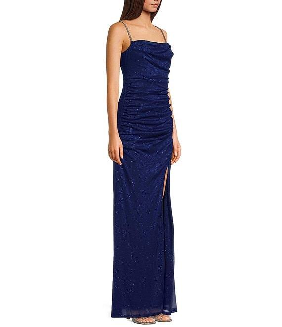 Jump Sleeveless Glitter Spaghetti Rhinestone Strap Drape Bodice Gown Product Image