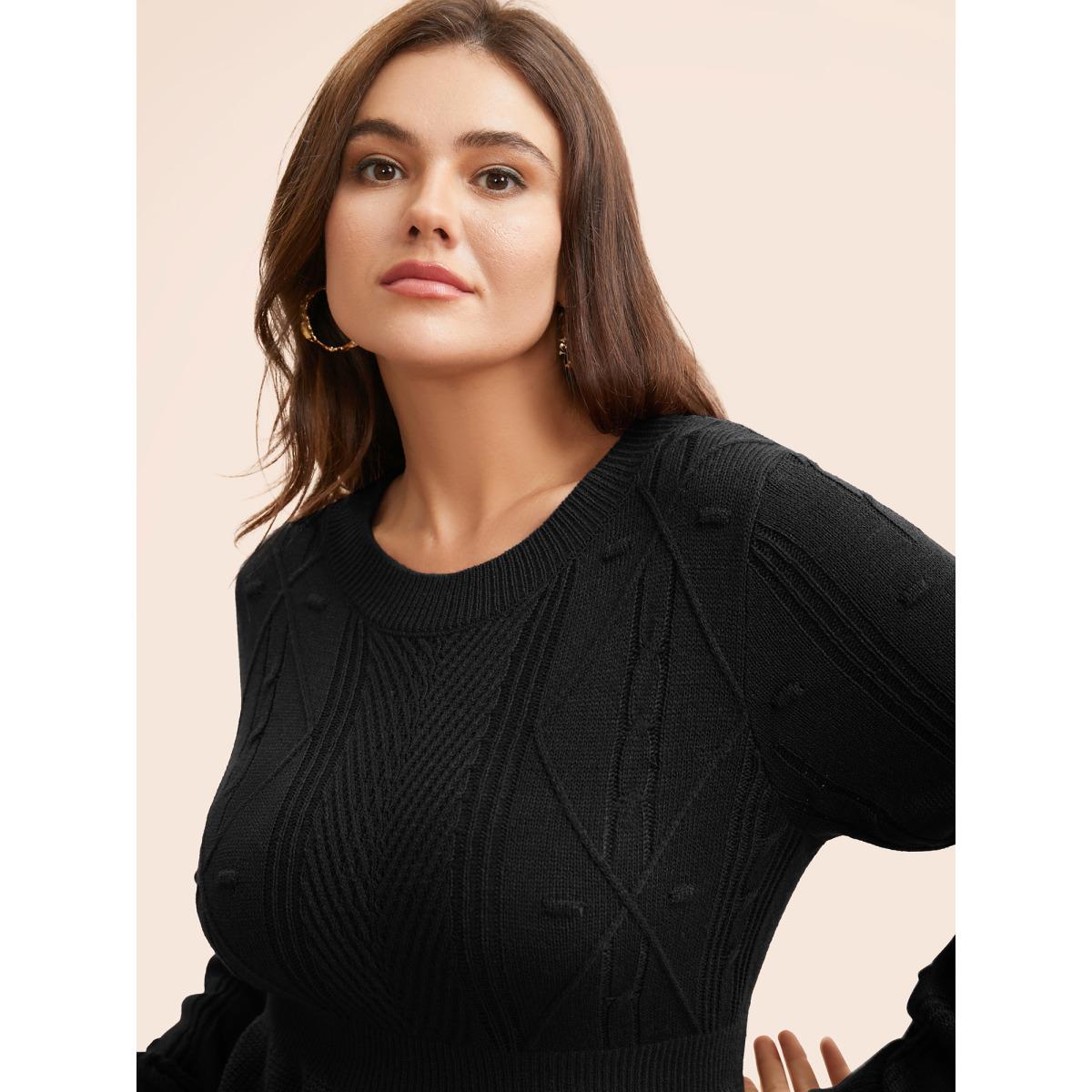 Plus Size Plain Textured Scalloped Trim Pullover Black Women Casual Bodycon Long Sleeve Round Neck Everyday Pullovers BloomChic 12/L Product Image