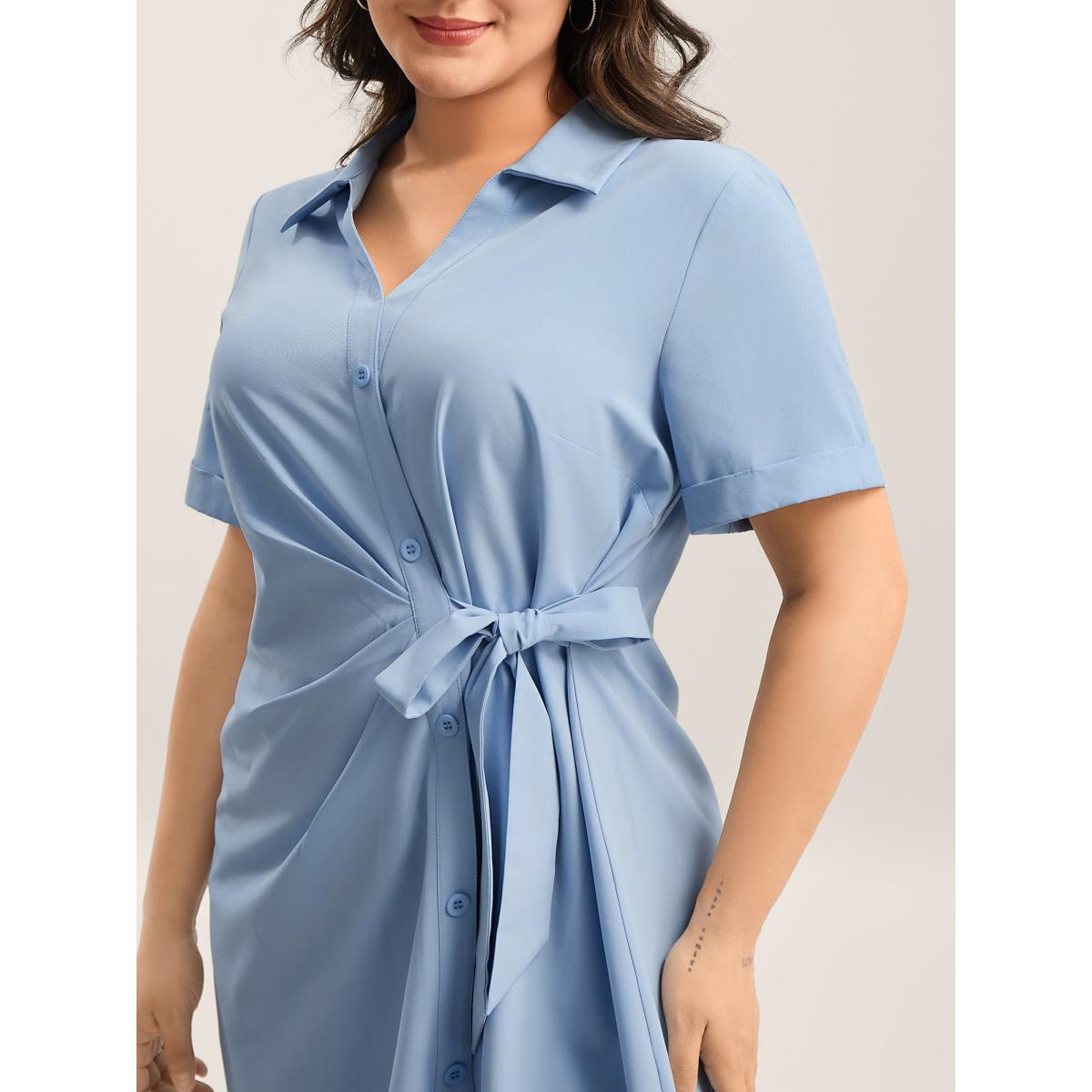 Plus Size Woven Knotted Solid Shirt Dress Stone Women Shirt collar Short sleeve Curvy BloomChic 10/M Product Image