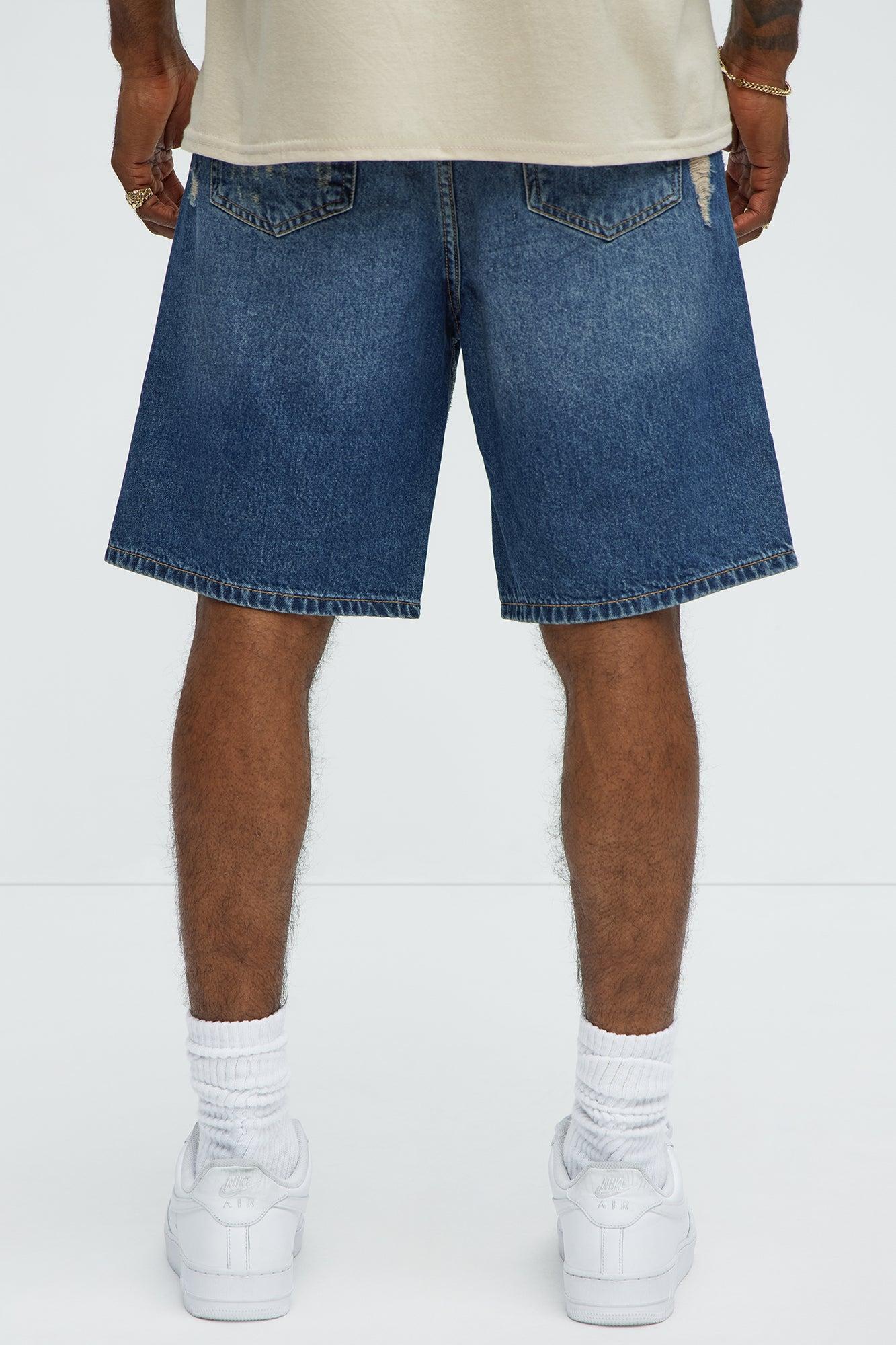 Run It Up Relaxed Distressed Denim Shorts - Medium Blue Wash Product Image