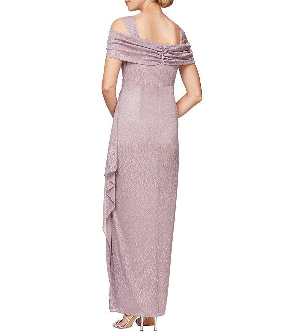Alex Evenings Petite Size Cowl Square Neck Cap Sleeve Cold Shoulder Ruched Side Glitter Mesh Gown Product Image