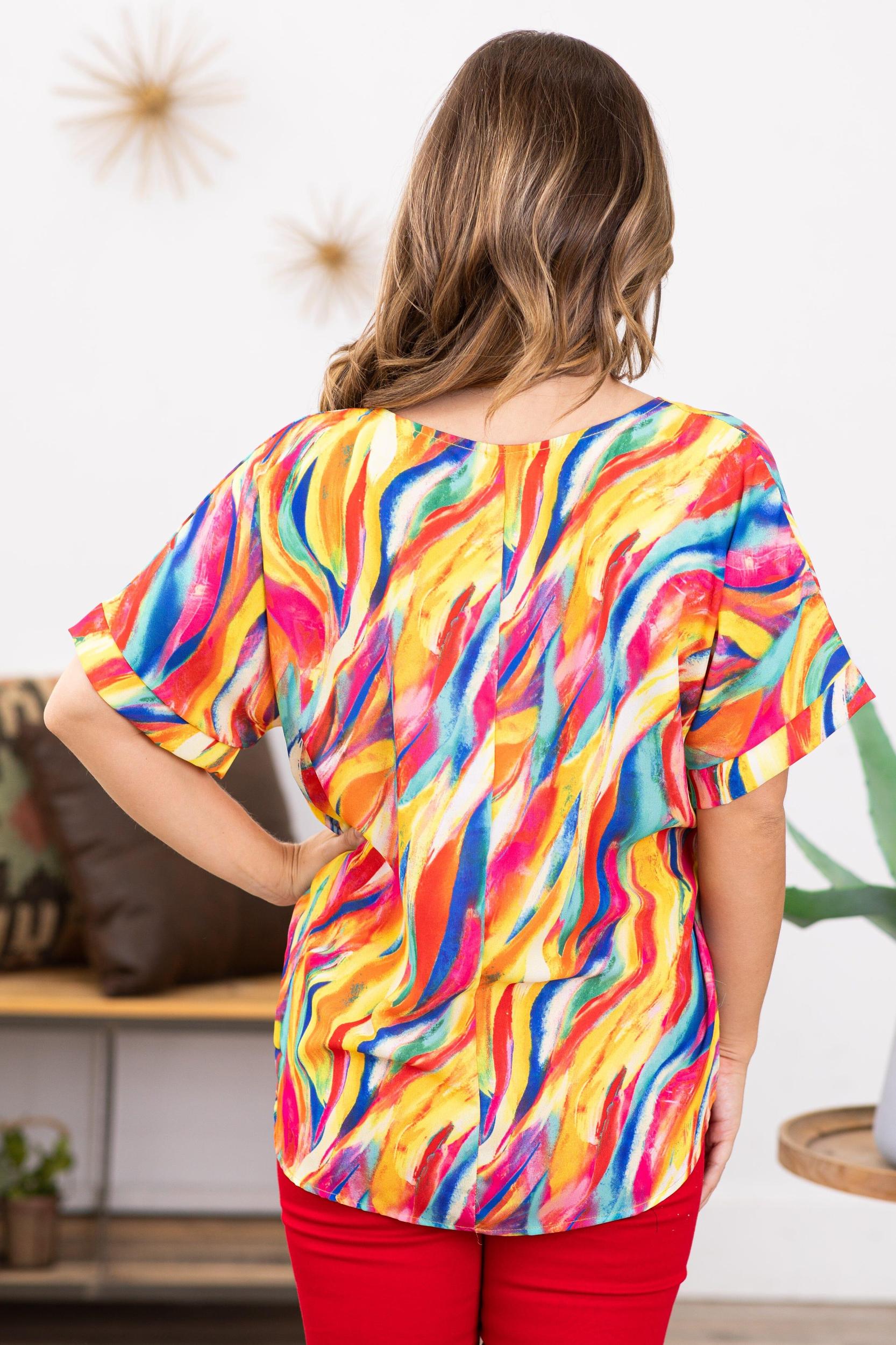 Red and Yellow Multicolor Abstract Print Top Product Image