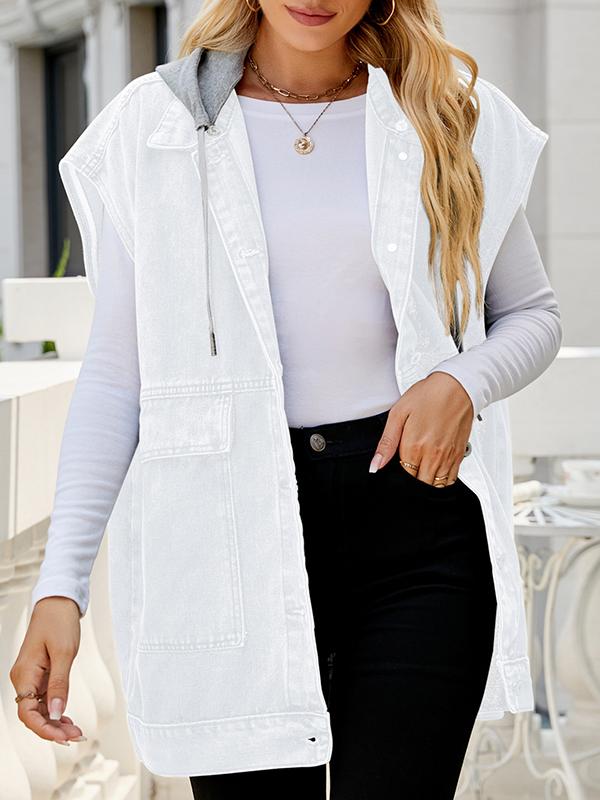 Loose Sleeveless Buttoned Detachable Hooded Pockets Split-Joint Lapel Collar Vest Outerwear Product Image