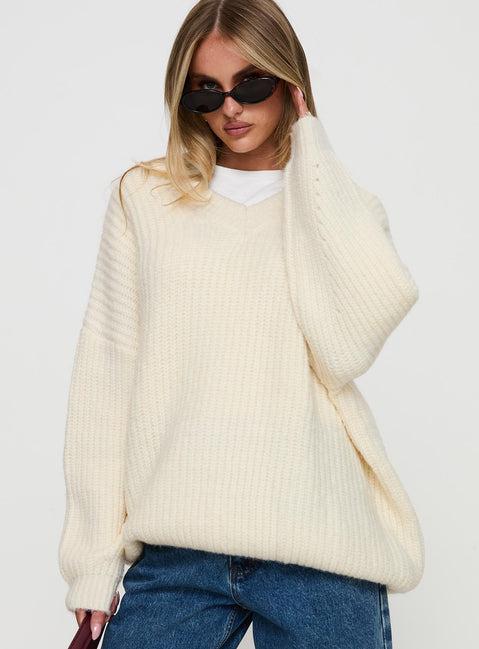 Have It All V Neck Knit Sweater Cream Product Image