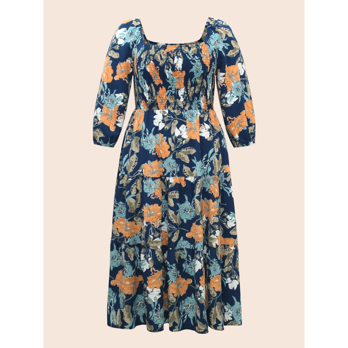 Plus Size Square Neck Floral Shirred Midi Dress Navy Women Elegant Shirred Square Neck Elbow-length sleeve Curvy BloomChic 14-16/1X Product Image