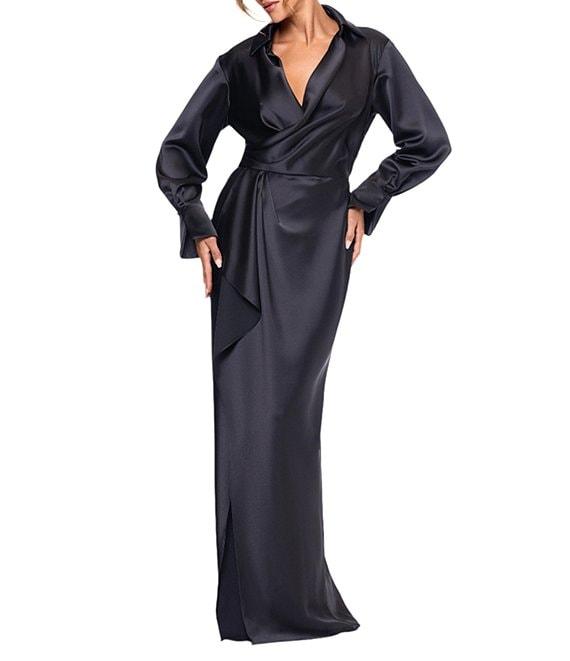 Xscape Long Sleeve Collared V-Neck Satin Dress Product Image