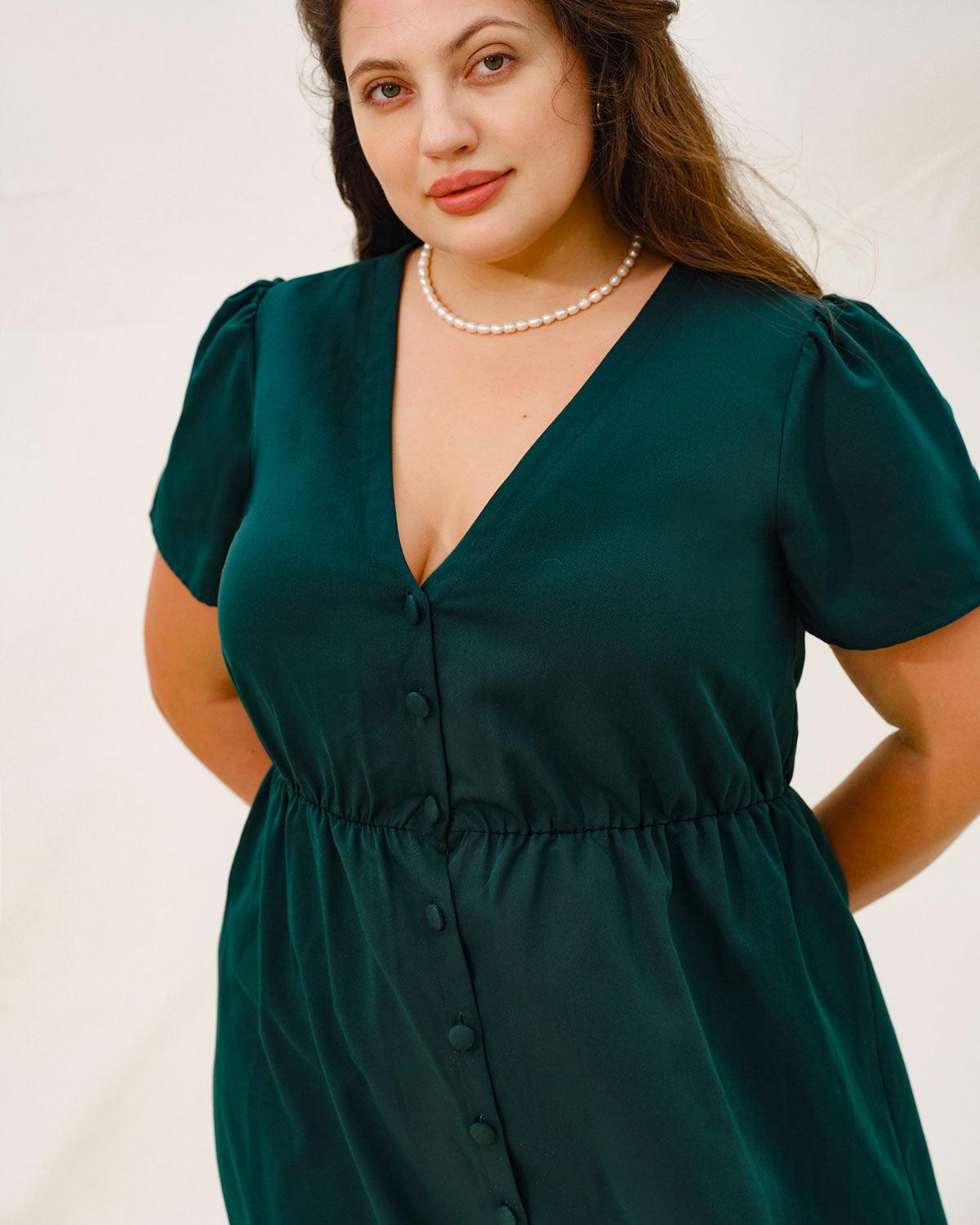 Green Puffed Sleeve Plus Size Mini Dress Product Image