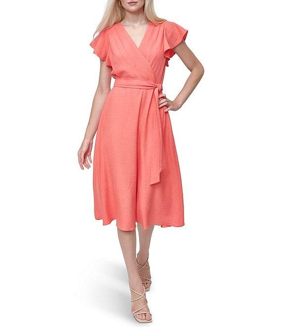 DKNY by Donna Karan Flutter Sleeve V Neck Woven Faux Wrap Midi Dress Product Image