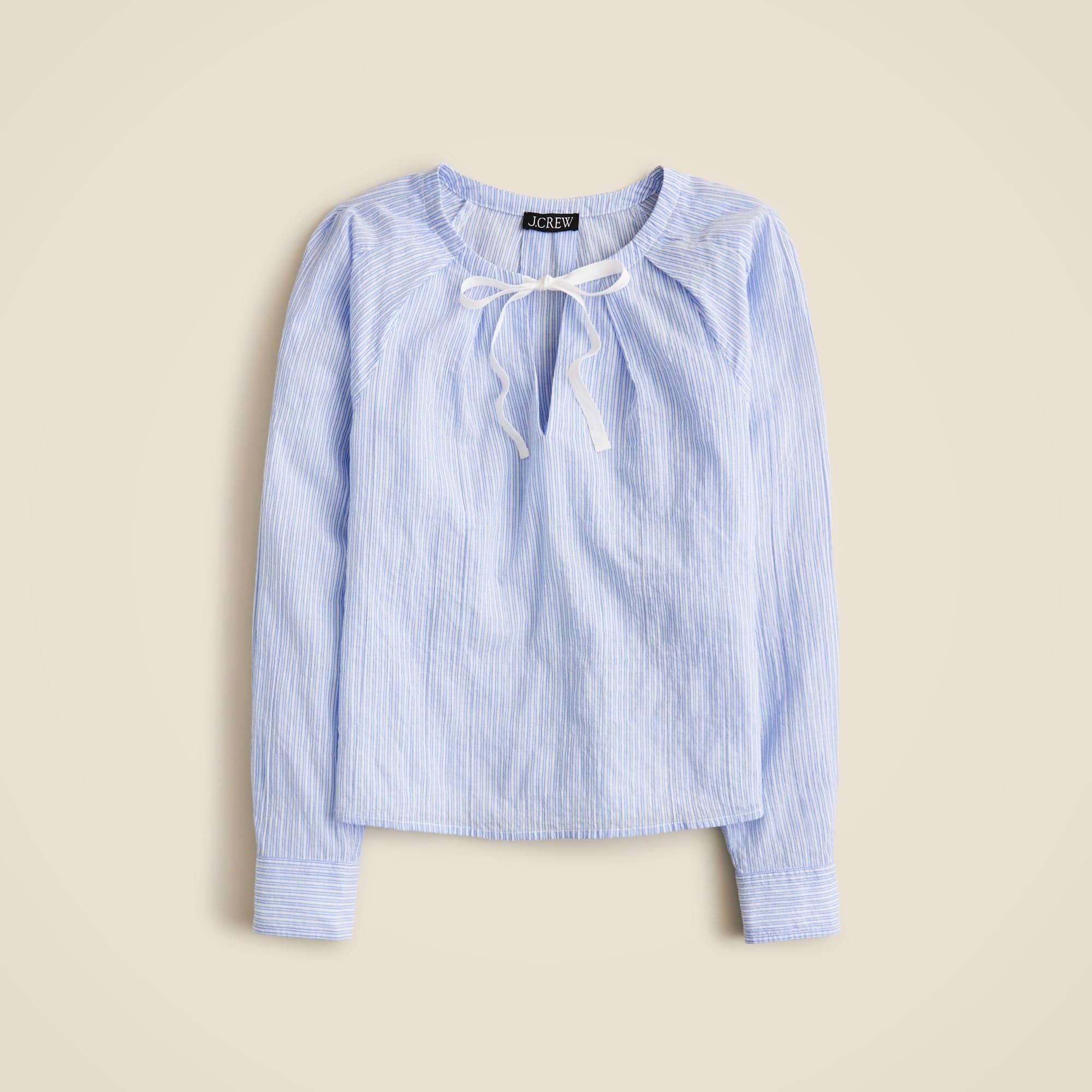 Tie-neck top in striped crinkle cotton Product Image