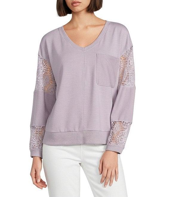 Nurture Petite French Terry Lace & Rib V-Neck Drop Shoulder Front Pocket Knit Pullover Product Image