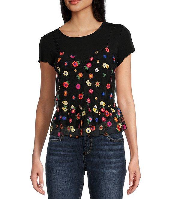 Honey & Sparkle Short Sleeve Black T-Shirt Floral Tulle Babydoll Cami Top Product Image