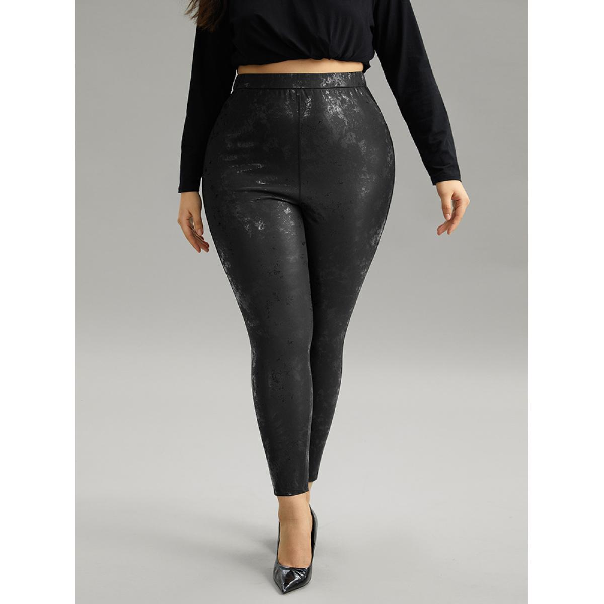 Plus Size Vintage PU Leather Glitter Skinny Leggings Women Black Party High stretch Skinny High Rise Going out Leggings BloomChic 30/6X Product Image