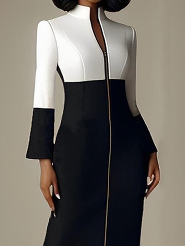 Long Sleeves Contrast Color Split-Joint Zipper Stand Collar Midi Dresses Product Image