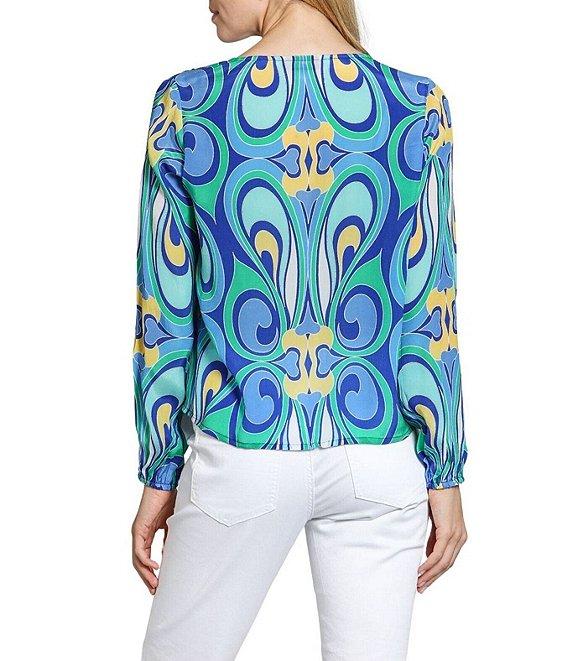 APNY Woven Abstract Print V-Neck Long Sleeve Tie Front Top Product Image