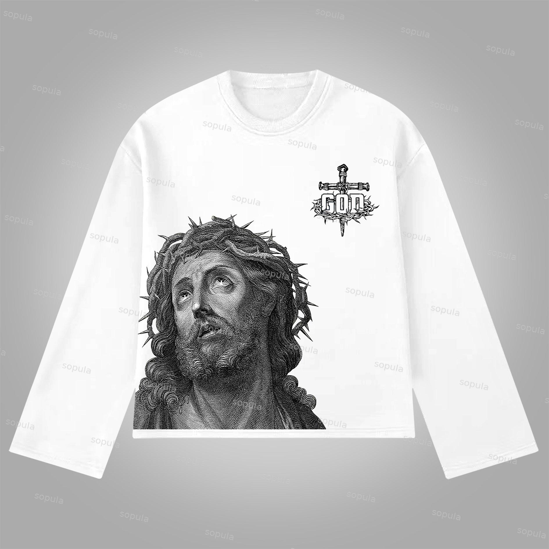 Sopula Jesus Portrait Cross Bible Graphic Print Cotton Long Sleeve T-Shirt Product Image