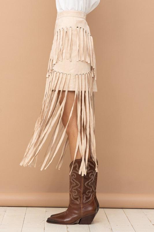 Colette Faux Suede Eyelet Long Fringe Mini Skirt Product Image