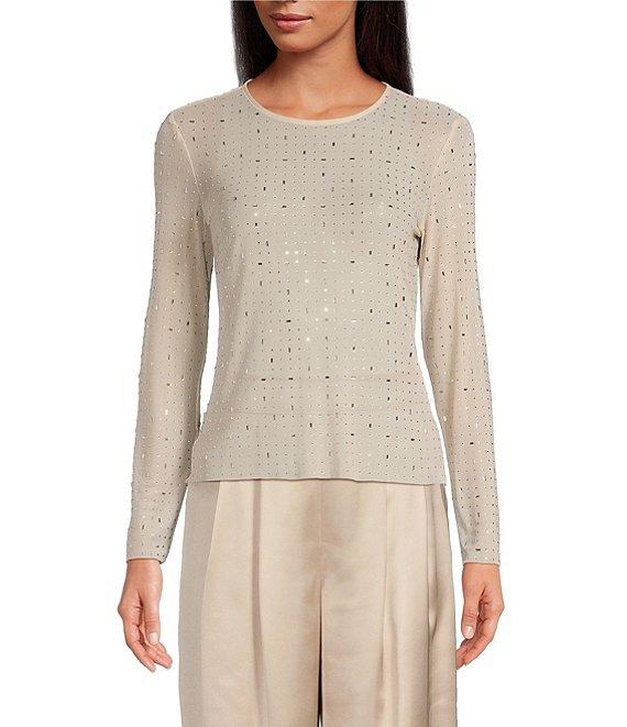 Gianni Bini Junie Rhinestone Mesh Crew Neck Long Sleeve Crop Top Product Image