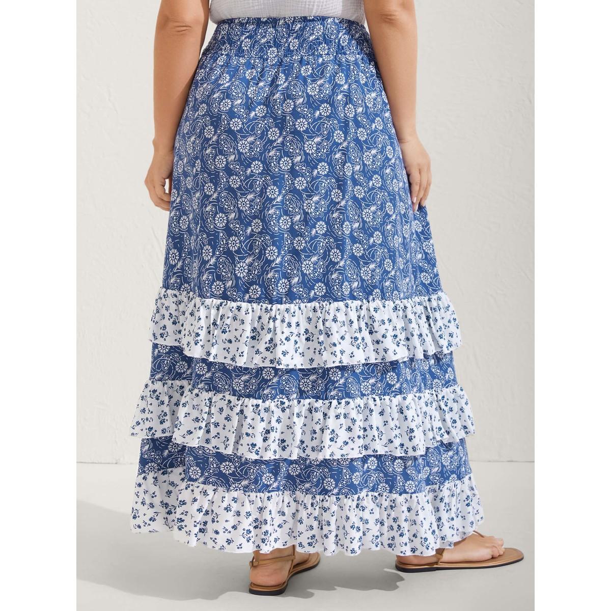 Plus Size Floral Patchwork Tiered Maxi Skirt Women Mediumblue Boho Gathered Loose No stretch Side seam pocket Vacation Skirts BloomChic 14-16/1X Product Image
