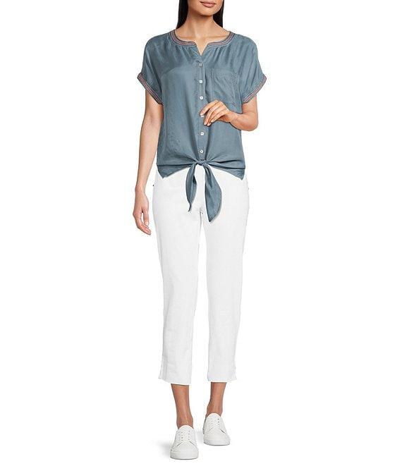 John Mark Button Up Tie Front Short Kimono Sleeve Split Round Neck Embroidered Blouse Product Image