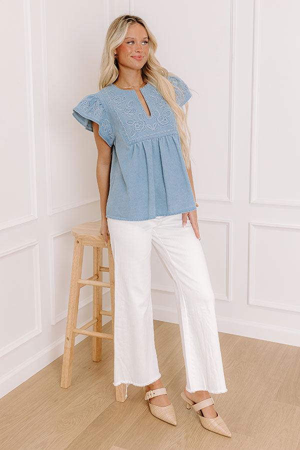 Farmers Market Cutie Embroidered Chambray Top in Light Wash Product Image