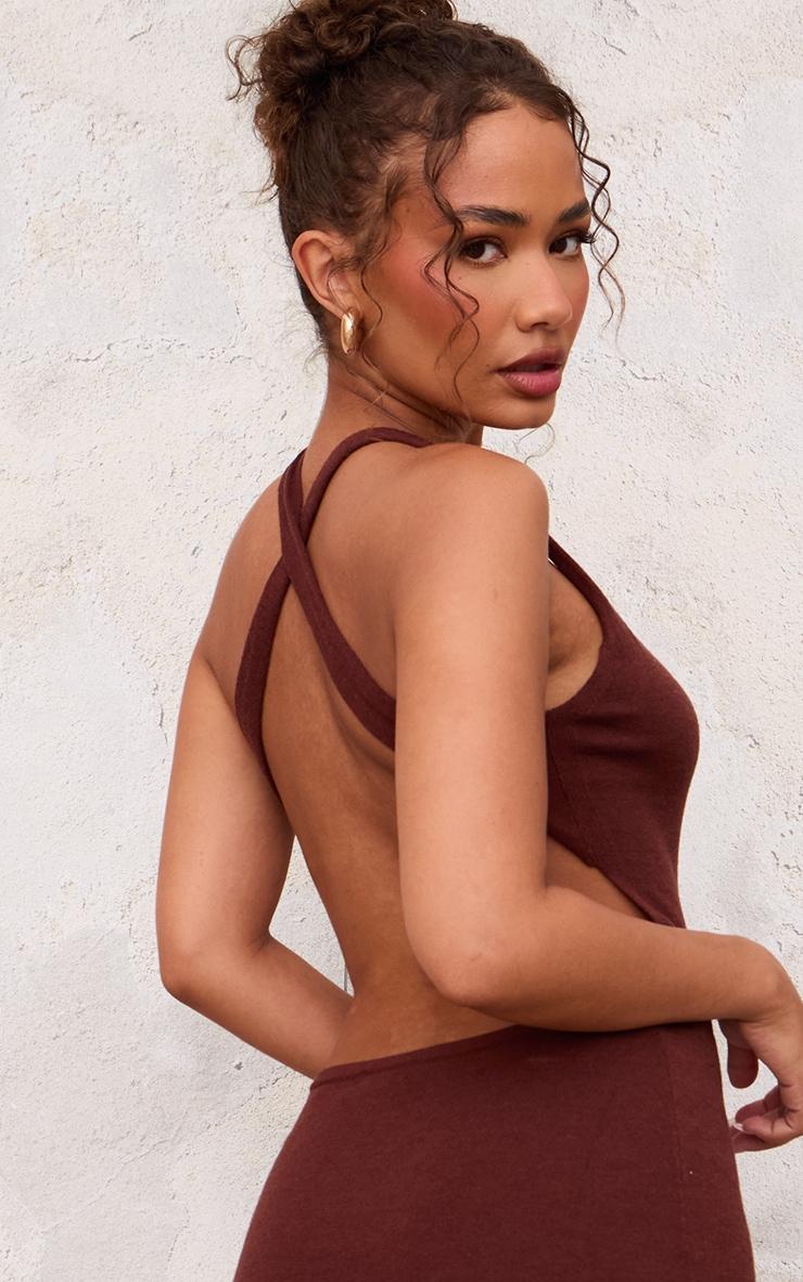 Petite Chocolate Knit Open Back Cross Over Maxi Dress Product Image