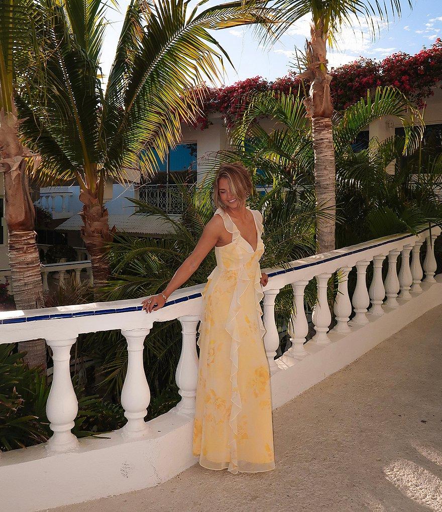 Gianni Bini x Shea Leigh Mills Anderson Floral Printed Georgette Ruffle V-Neck Sleeveless Maxi Dress Product Image