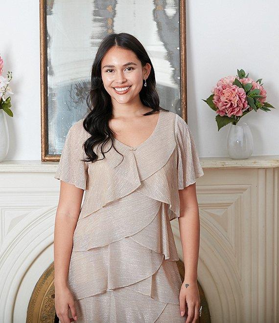 Ignite Evenings Shimmer Tiered Ruffle V-Neck Embellishment Short Flutter Sleeve Shift Dress Product Image